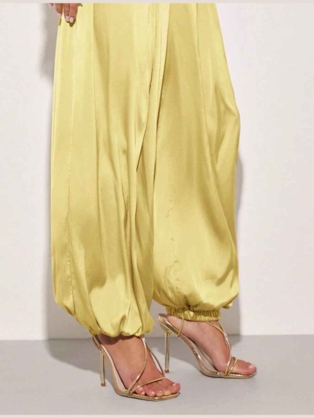 Chartreuse Yellow Satin Harem Pants with Drawstring Waist